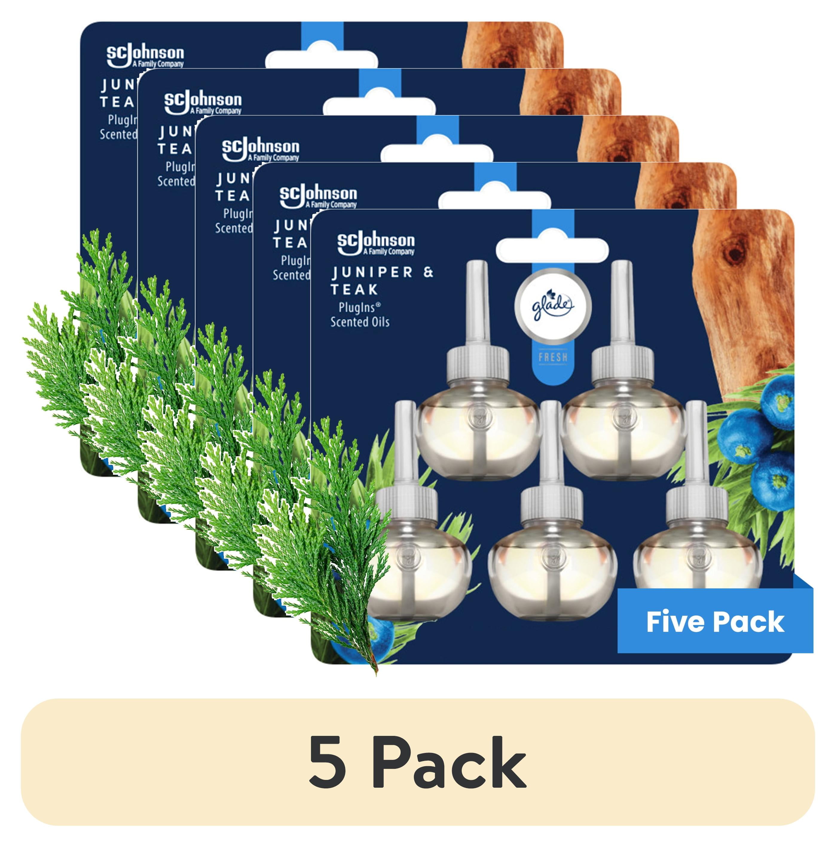 (5 pack) Glade PlugIns Scented Oil Refills, Air freshener, Juniper & Teak, Infused with Essential Oils, 0.67 oz, 5 Count