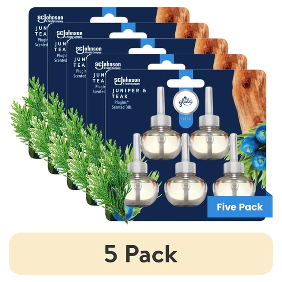 (5 pack) Glade PlugIns Scented Oil Refills, Air freshener, Juniper & Teak, Infused with Essential Oils, 0.67 oz, 5 Count