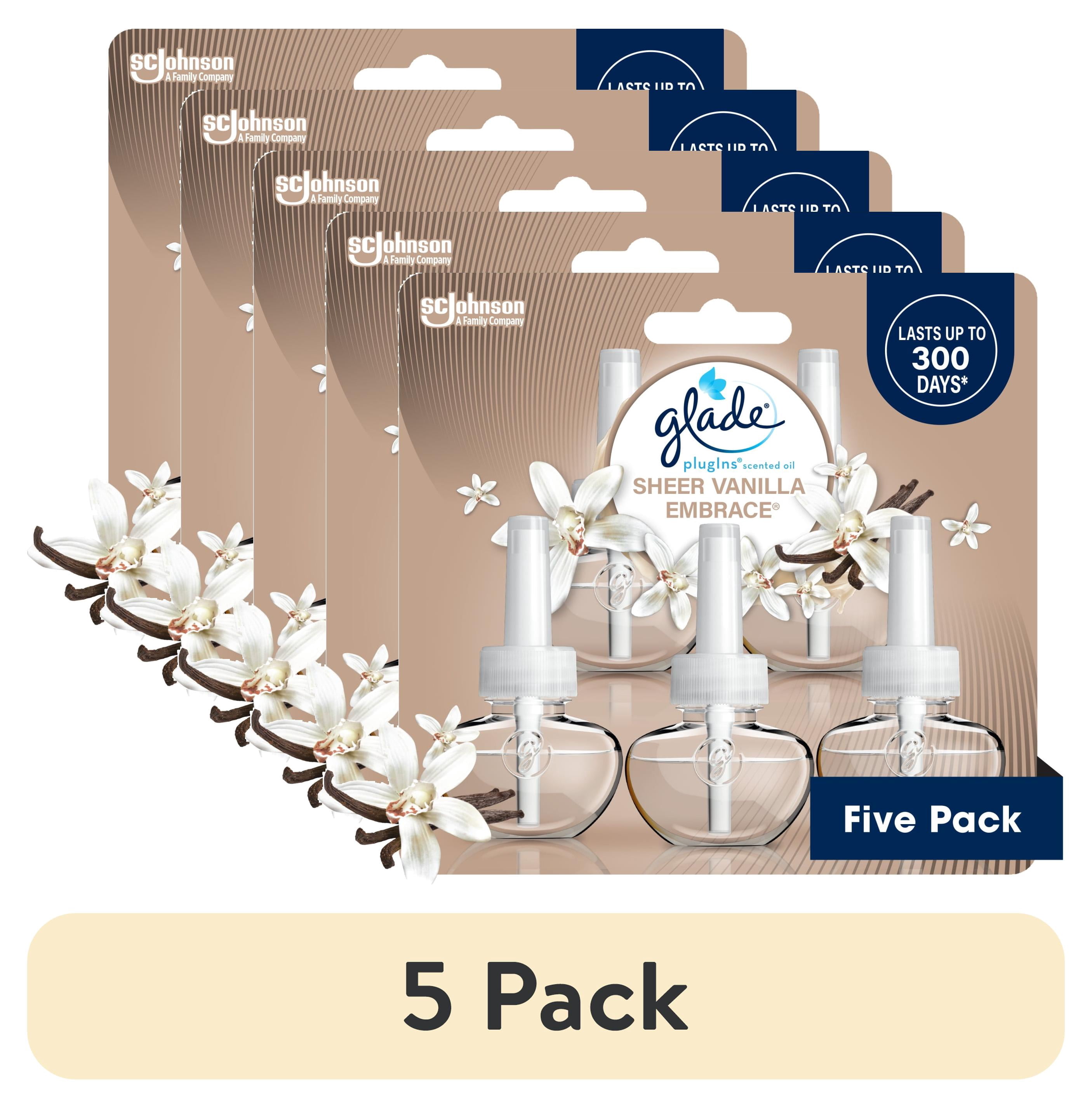 (5 pack) Glade PlugIns Scented Oil 5 Refills, Air Freshener, Sheer Vanilla Embrace, Essential Oil Infused Wall Plug In, 3.35 FL oz, pack of 5