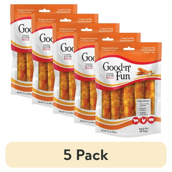 (5 pack) Good ’n’ Fun Triple Flavor Chews, 7 Inch Rolls, Rawhide for Dogs, 6 Count