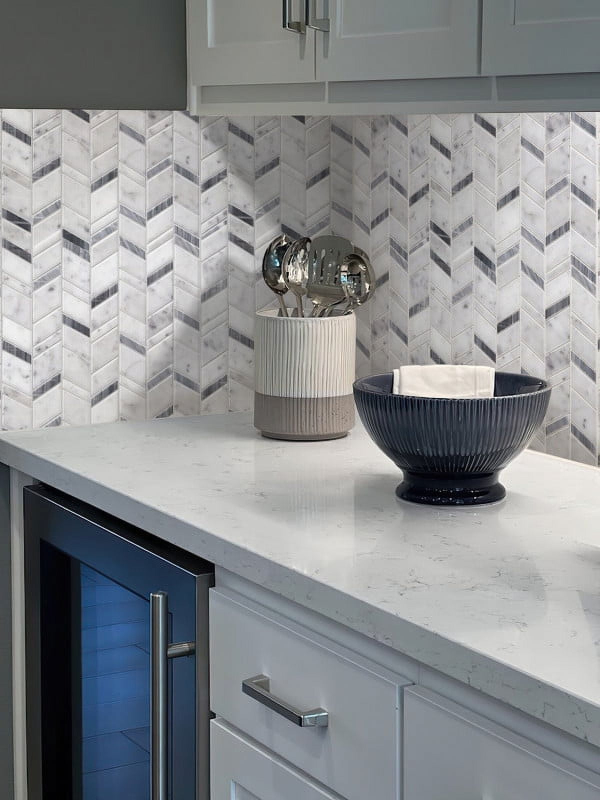 Gray and White Herringbone Polished Marble Mosaic Tile