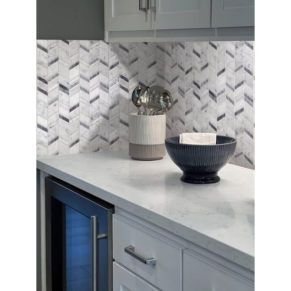 5 pack Gray and White 10.8 in. x 13.2 in. Herringbone Polished Bardiglio Nuvolato, Bianco Carrara marble Mosaic Tile (4.95 sq. ft./Case)