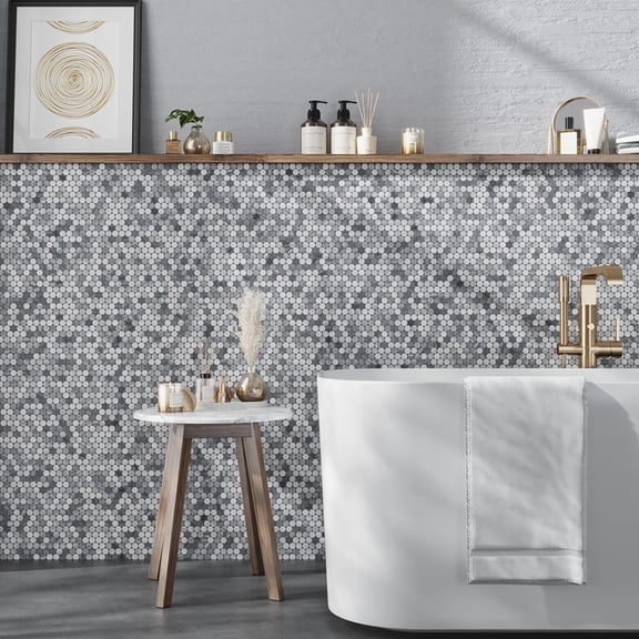 5 pack Gray and White 11.3 in. x 12.3 in. Penny Round with Dot Polished Marble Mosaic Floor and Wall Tile (4.83 sq. ft./Case)