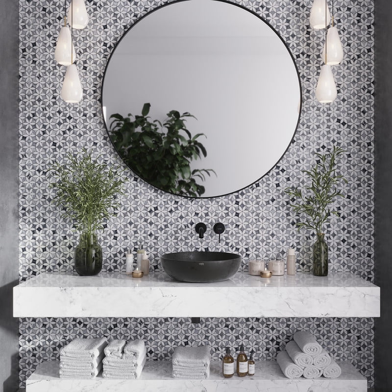 Gray and White Polished Marble Pinwheel Mosaic Tile