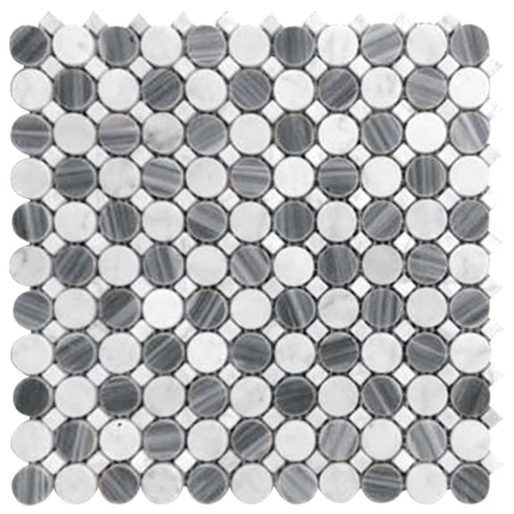 5 pack Gray and White 12.7 in. x 12.7 in. Penny Round with Dot Polished Bardiglio Nuvolato, Carrara marble Mosaic Tile (5.60 sq. ft./Case)