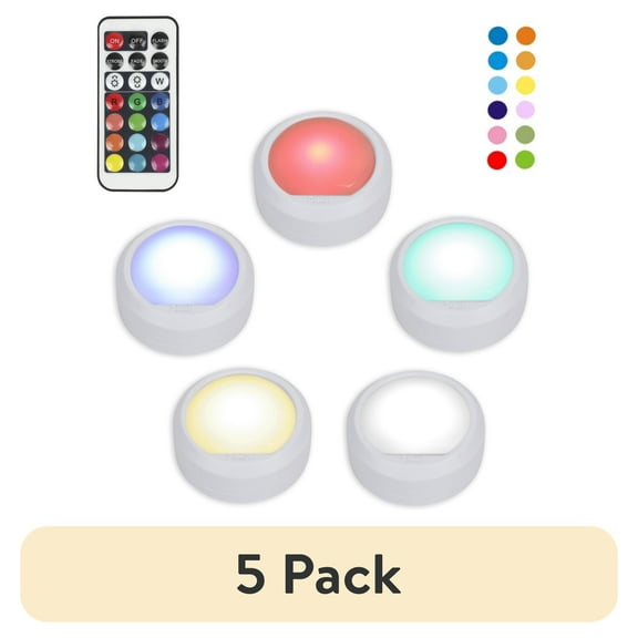 (5 pack) Great Value 5-Pack Color Changing LED Puck Lights with Remote and Batteries, 1.1 oz, 2.5 in, 4151
