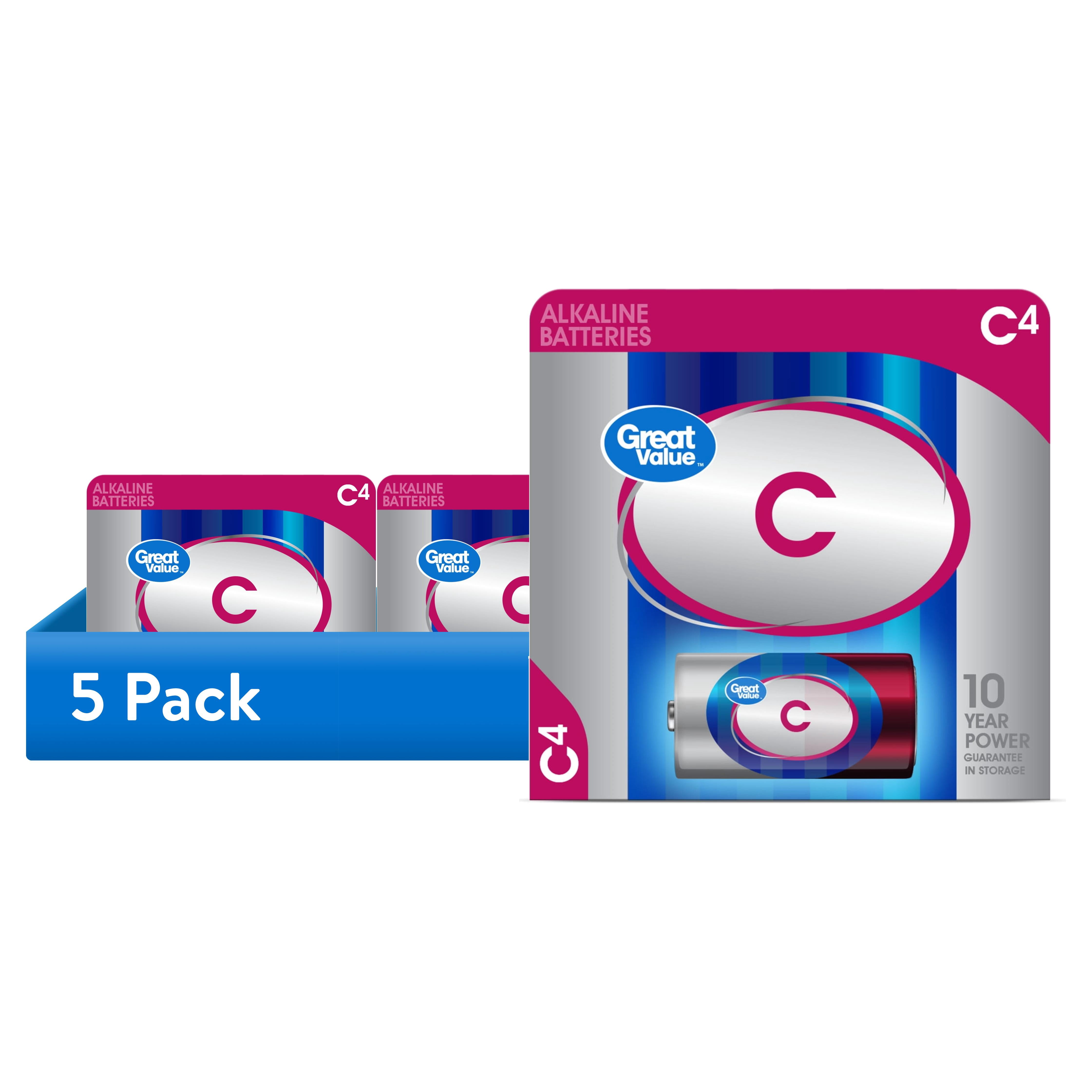 (5 pack) Great Value Alkaline C Batteries, 4 Count (Plastic Free Packaging)