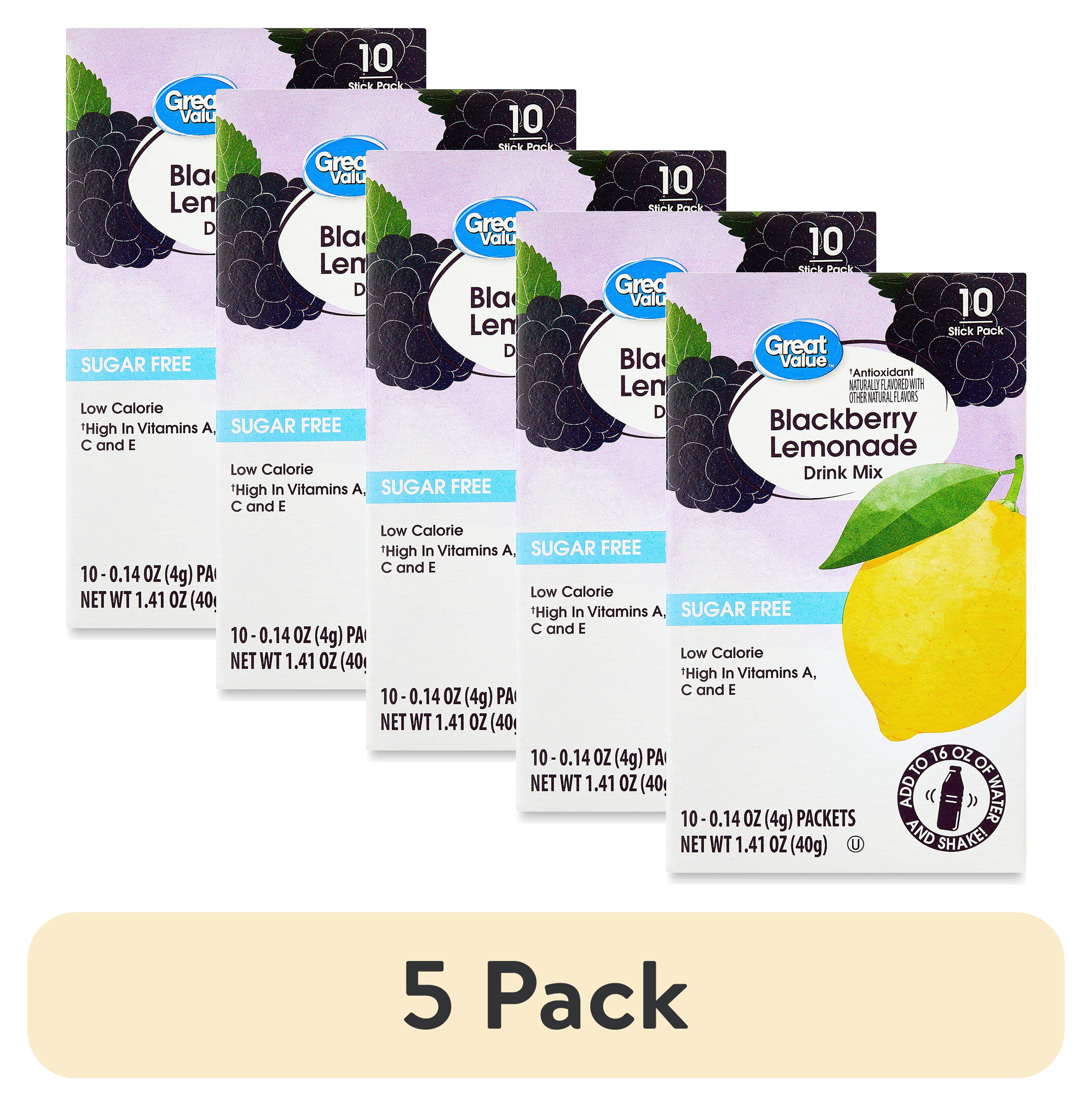 (5 pack) Great Value Antioxidant Blackberry Lemonade Liquid Drink Mix, Sugar-Free, 1.41 oz, 10 Count