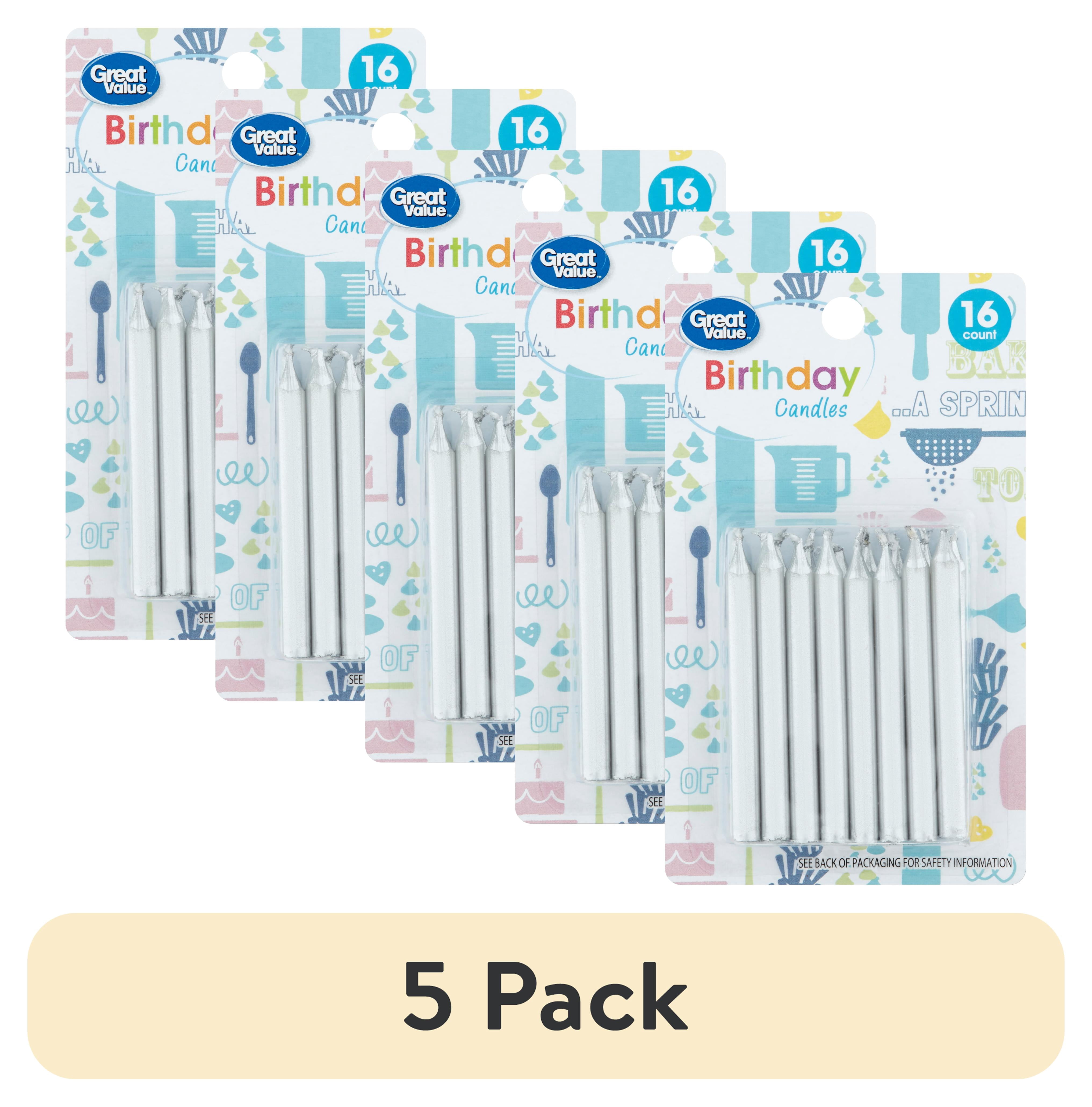 (5 pack) Great Value Birthday Candles, Silver, 16 Count