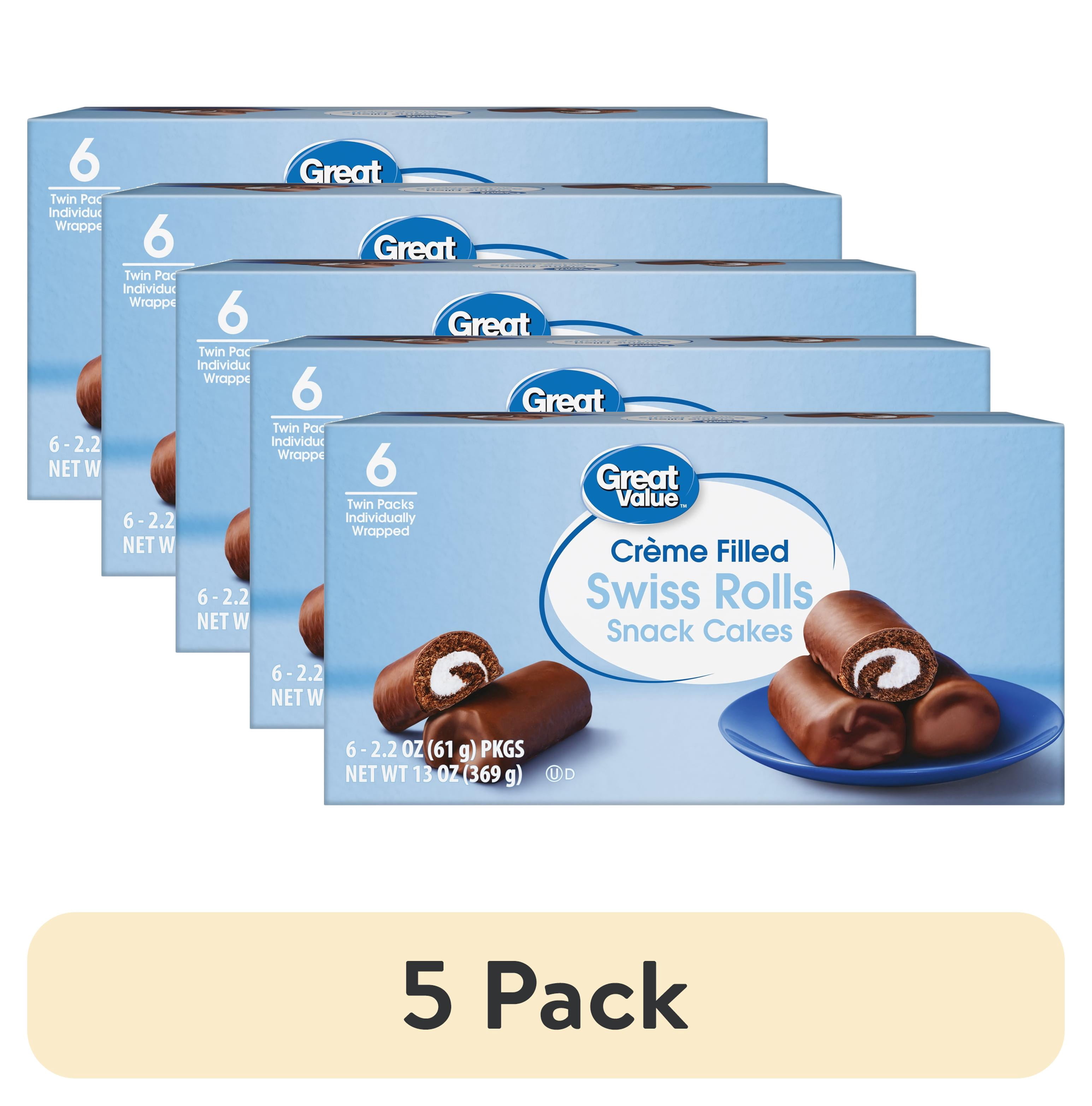 (5 pack) Great Value Creme Filled Swiss Rolls Snack Cakes, 13 oz, 6 Count