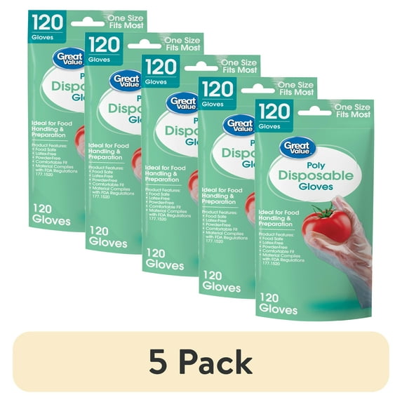 (5 pack) Great Value Disposable Poly Food Gloves, 120-Count, Latex-Free, One Size Fits Most