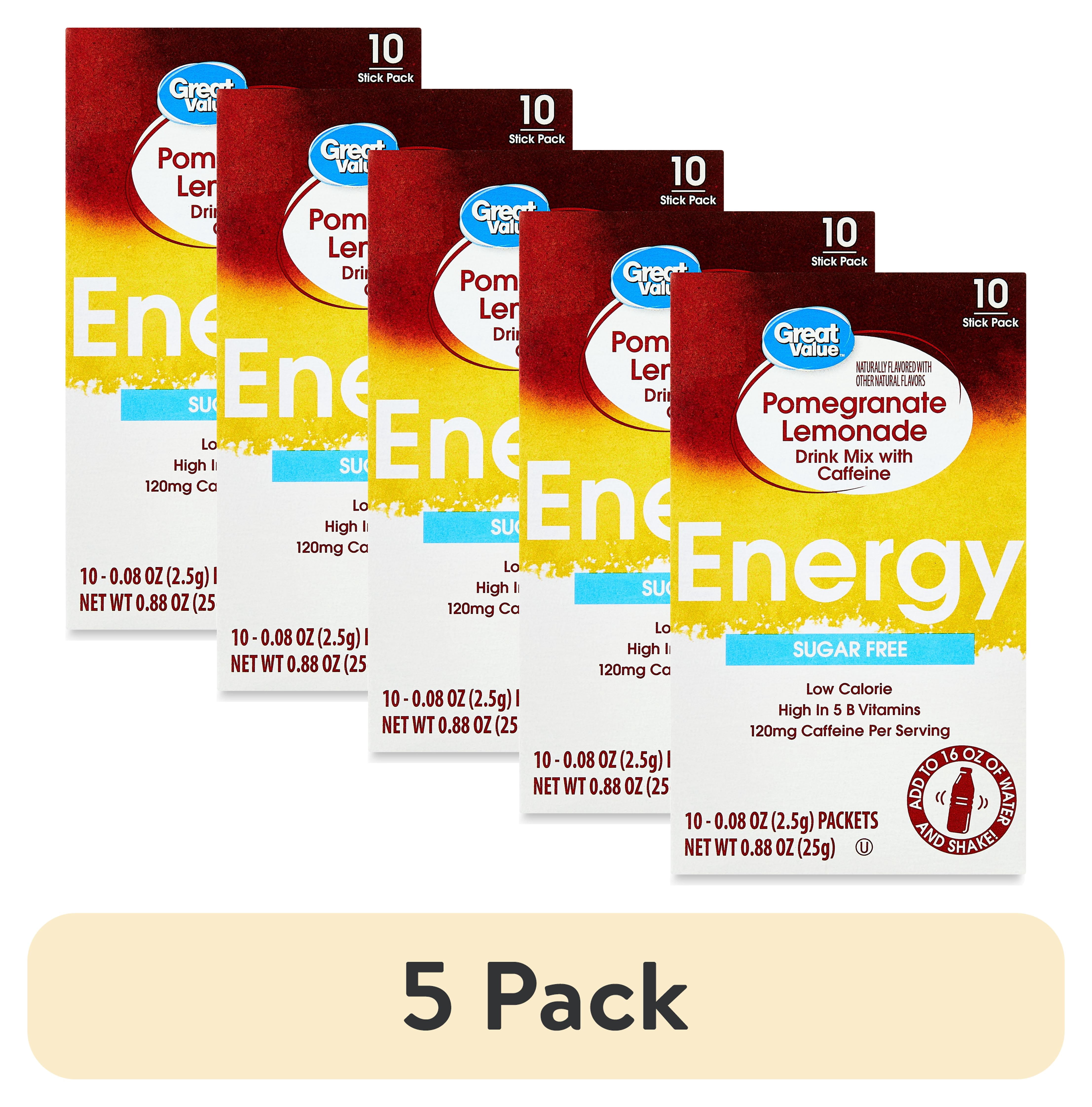 (5 pack) Great Value Energy Pomegranate Lemonade Sugar-Free Drink Mix, 0.09 oz Packets, 10 Count