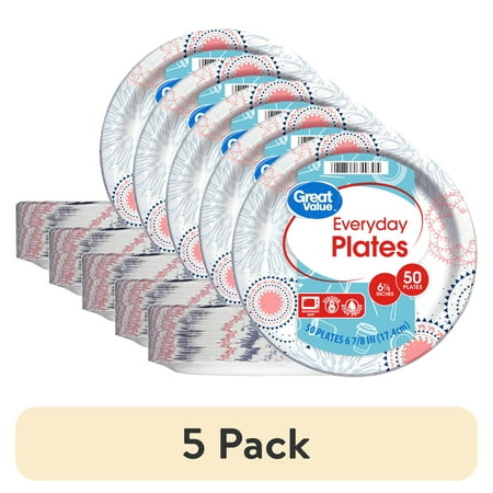 (5 pack) Great Value Paper Plate, 6.8 Inch, White, 50 Count