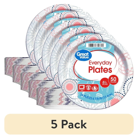 (5 pack) Great Value Disposable Paper Plates, 7", 50 Count