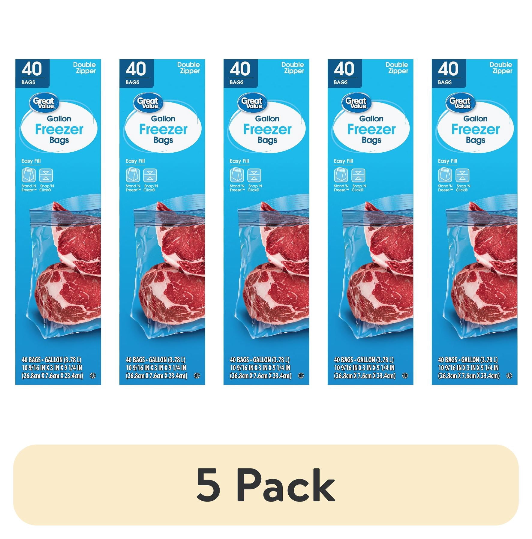 (5 pack) Great Value Freezer Guard Double Zipper Gallon Freezer Bag, 40 Count