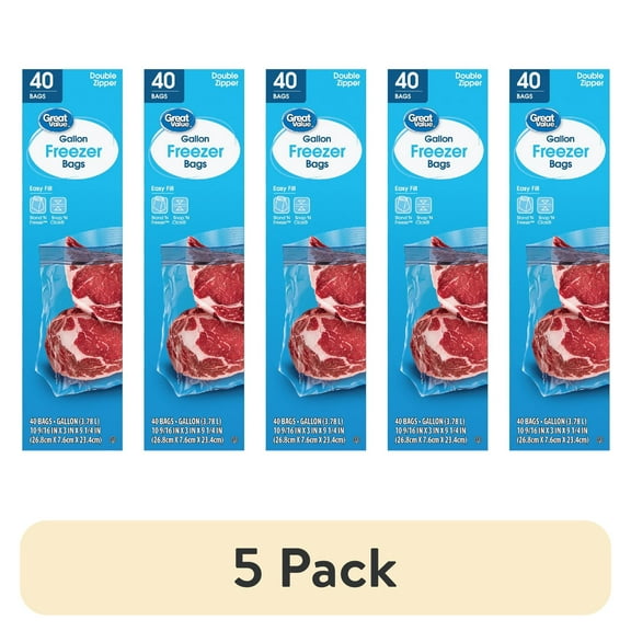 (5 pack) Great Value Freezer Guard Double Zipper Freezer Bags, Gallon, 40 Count
