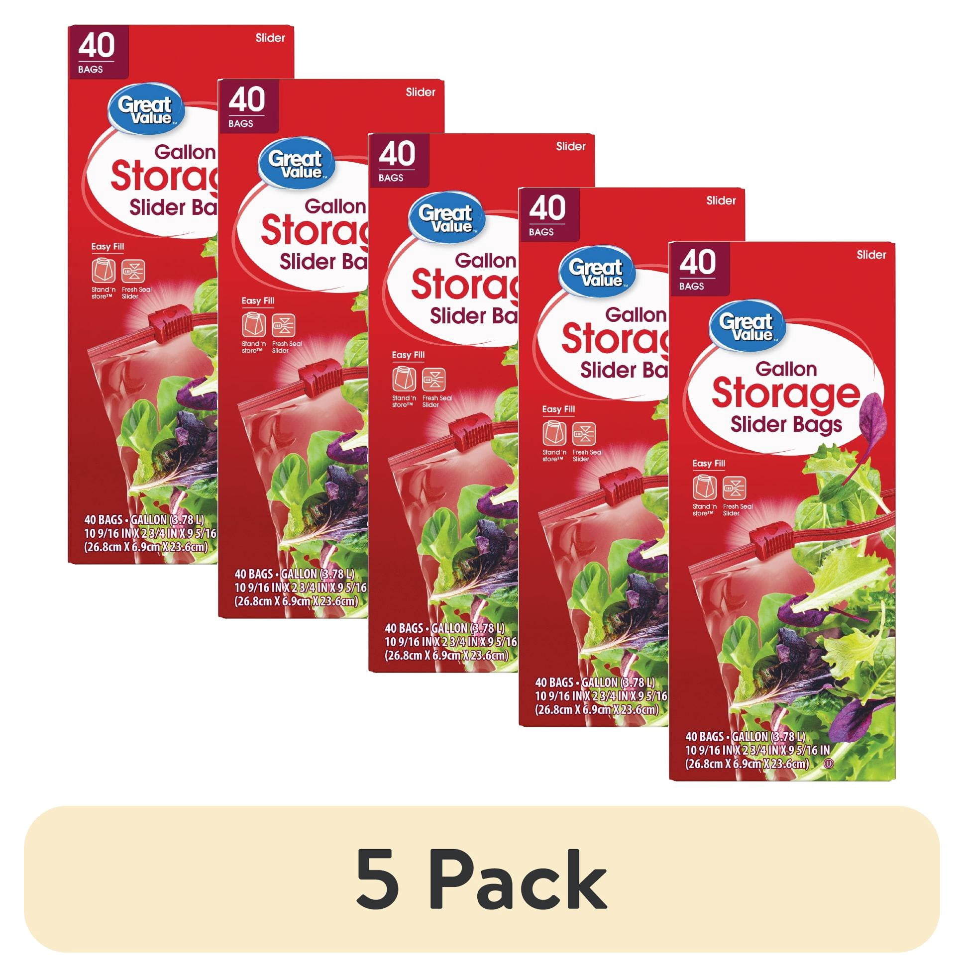 (5 pack) Great Value Fresh Seal Slider Zipper Storage Bags, Gallon, 40 Count