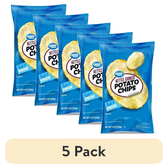 (5 pack) Great Value Kettle Cooked Salt and Vinegar Flavored Potato Chips, 8 oz