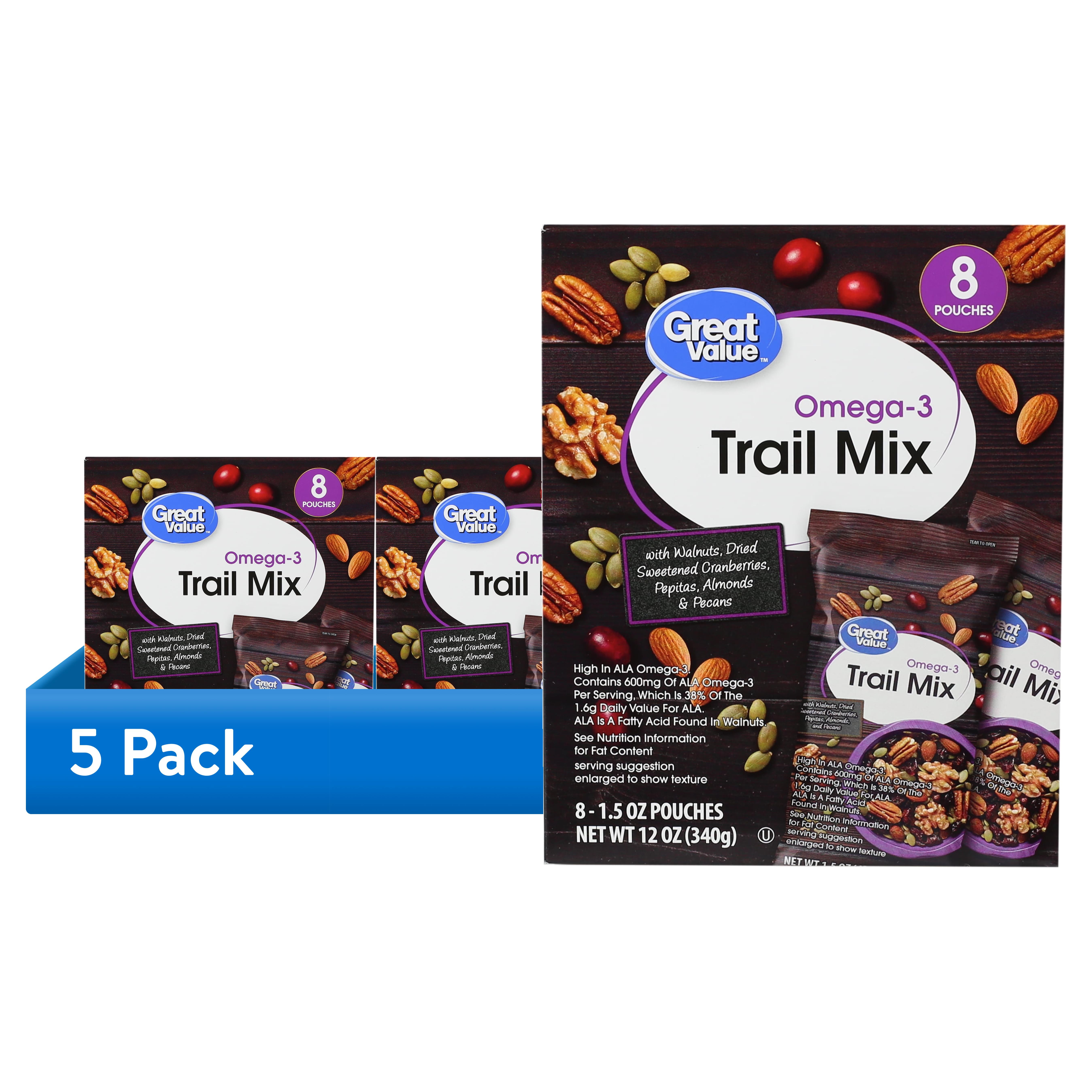 Walmart Saving of  (5 pack) Great Value Omega-3 Trail Mix, 1.5 oz, 8 Count