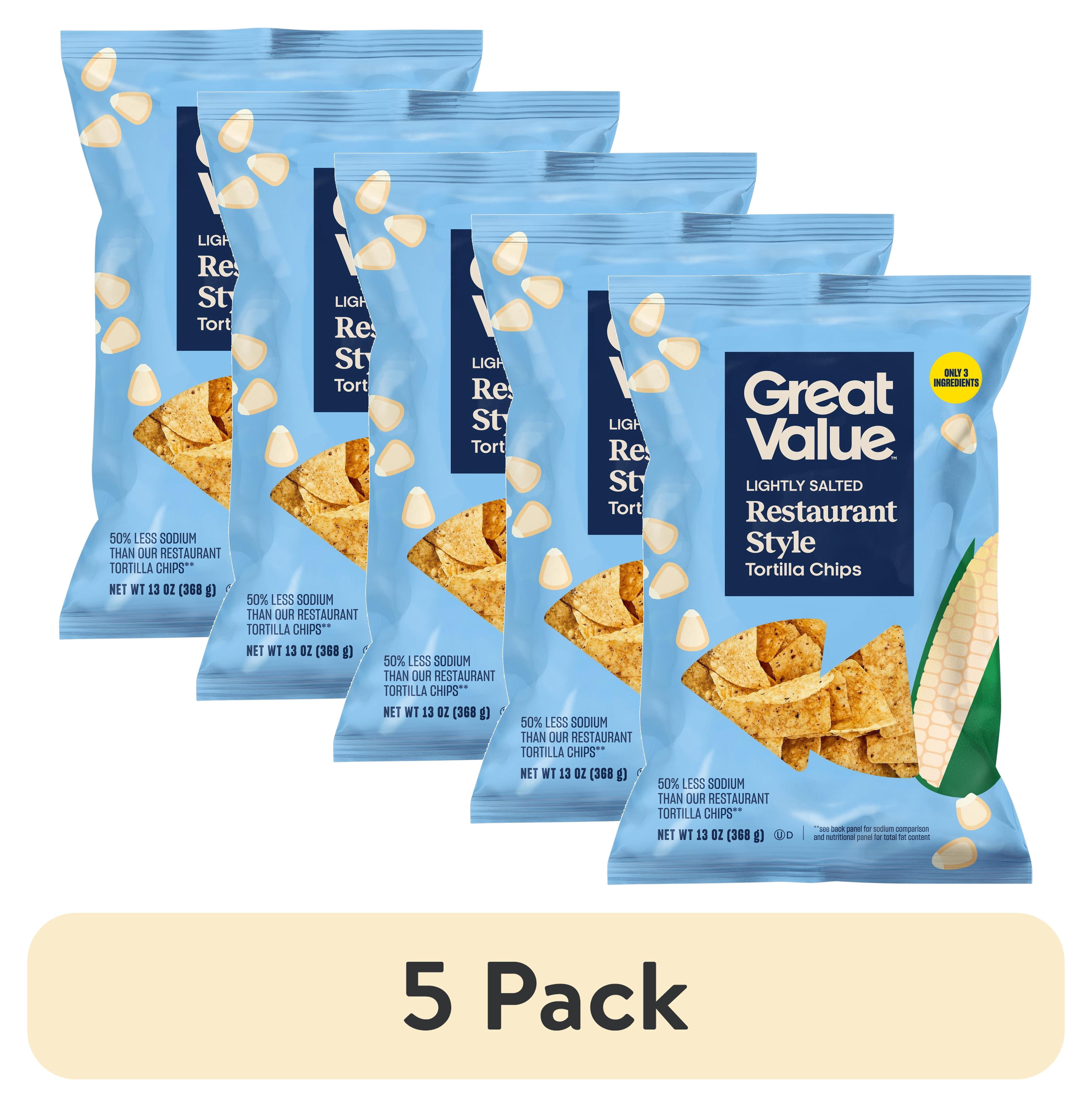 (5 pack) Great Value Restaurant Style Lightly Salted White Corn Tortilla Chips, 13 oz