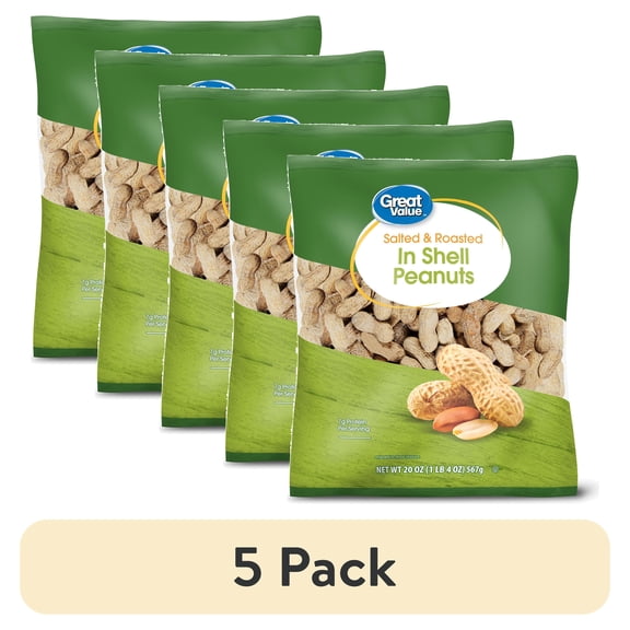 (5 pack) Great Value Salted & Roasted in Shell Peanuts, 20 oz