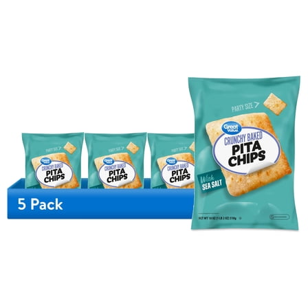 (5 pack) Great Value Sea Salt Pita Chips Party Size, 18 oz
