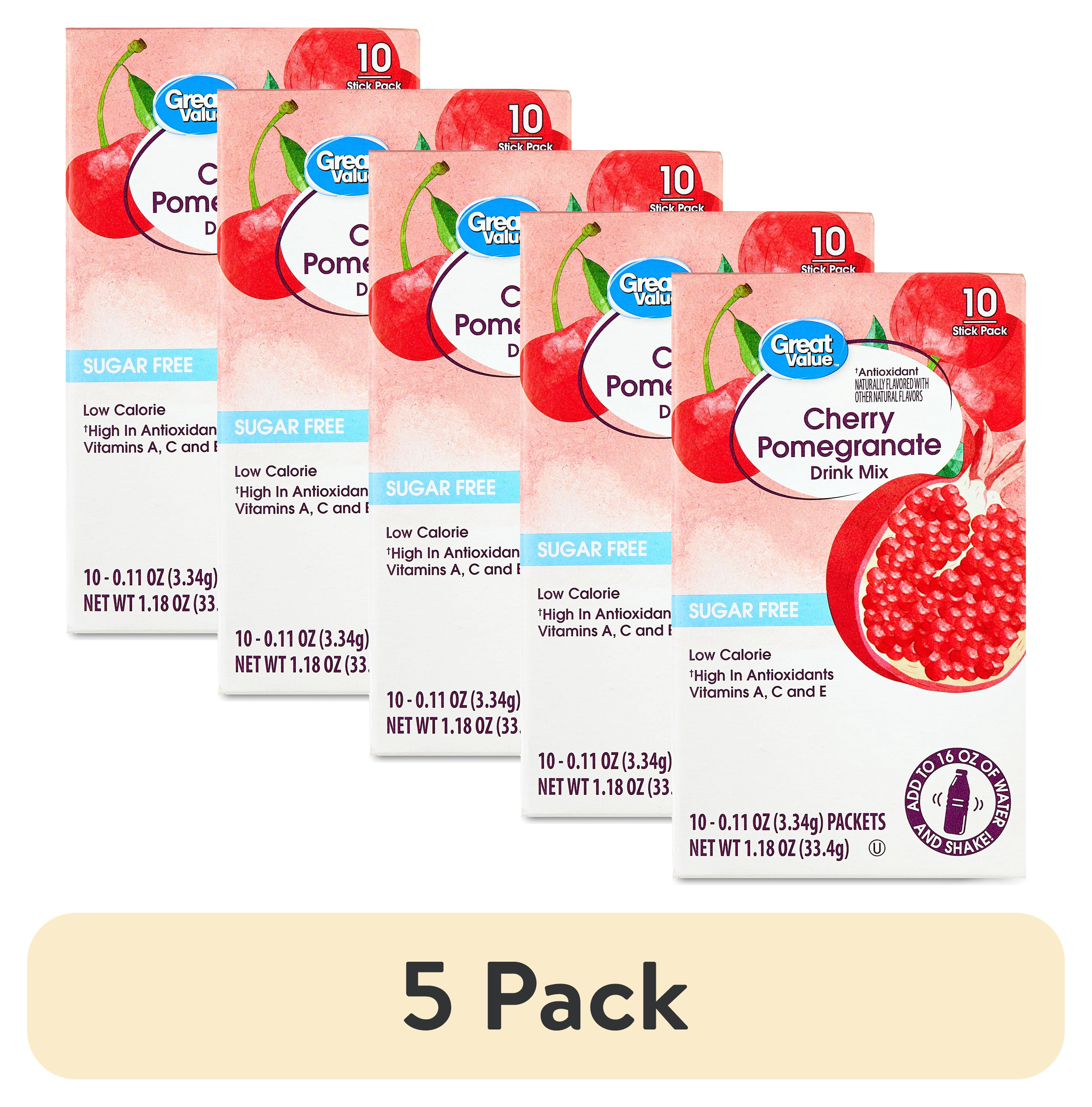 (5 pack) Great Value Sugar-Free Cherry Pomegranate Antioxidant Powdered Drink Mix, 0.11 oz, 10 Count
