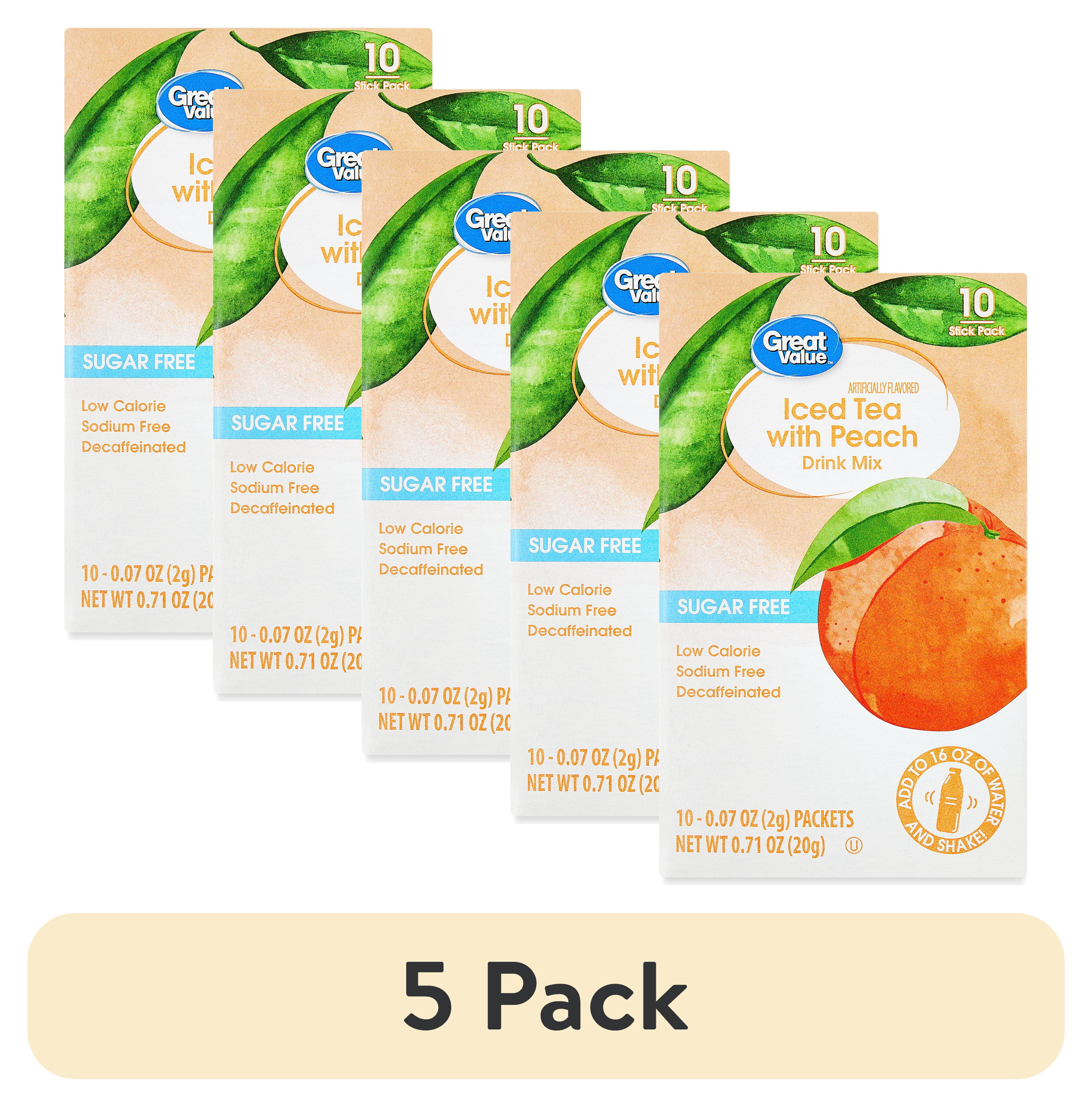 (5 pack) Great Value Sugar-Free Iced Tea with Peach Powdered Drink Mix, 0.07 oz, 10 Packets