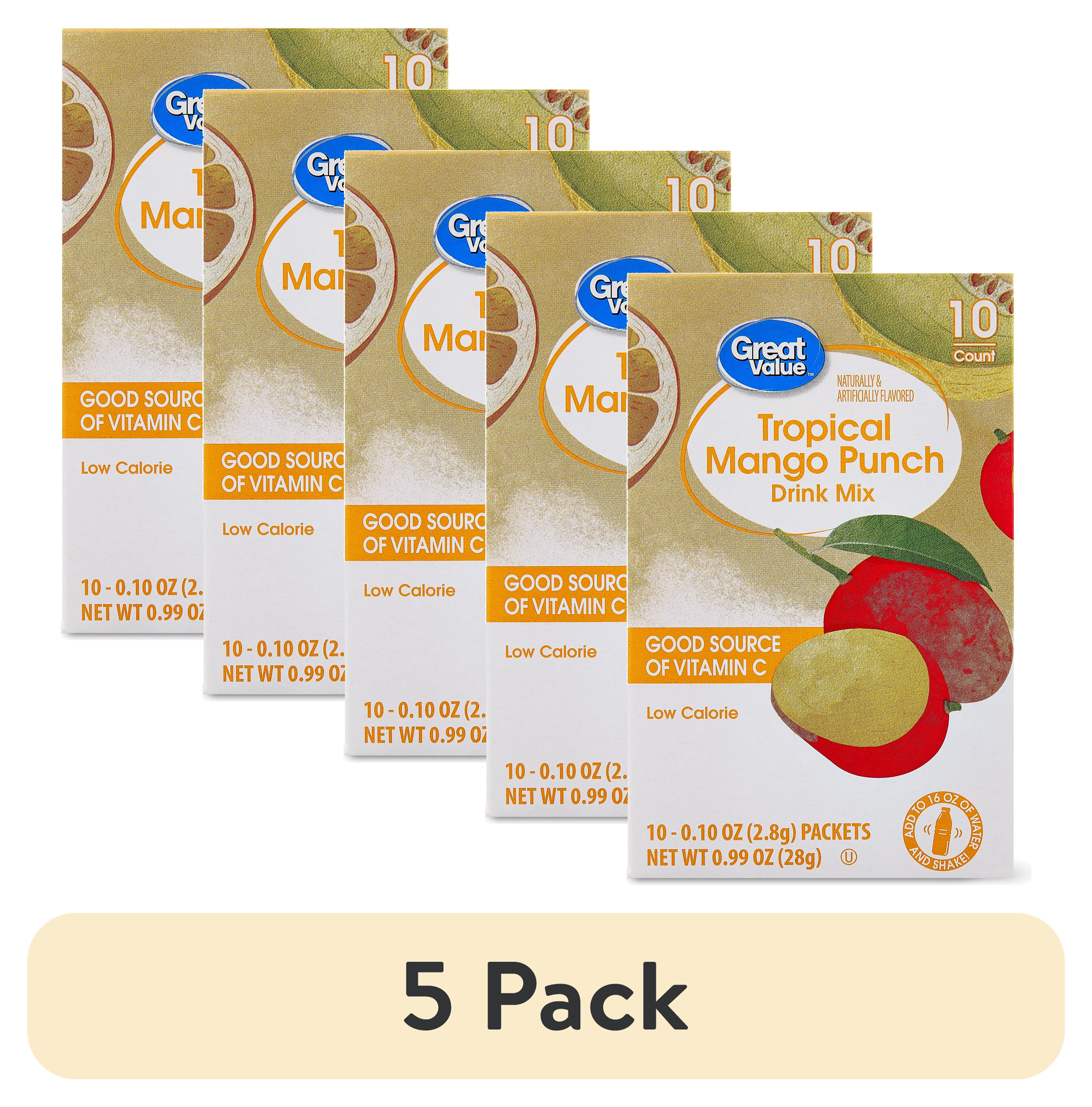(5 pack) Great Value Tropical Mango Punch Drink Mix, 0.10 oz, 10 Count Packets