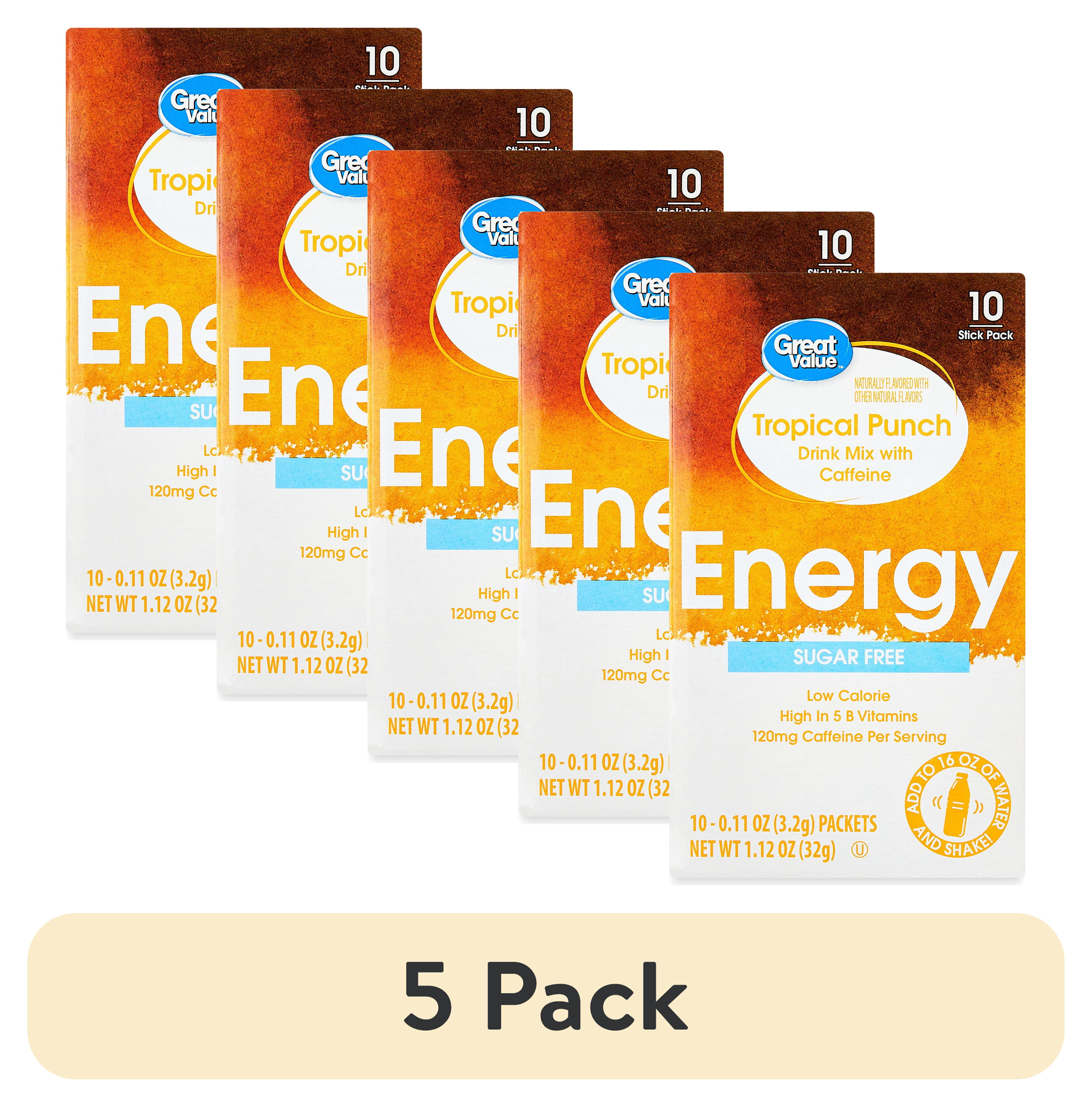 (5 pack) Great Value Tropical Punch Energy Liquid Drink Mix, Sugar-Free, 1.12 oz, 10 Count