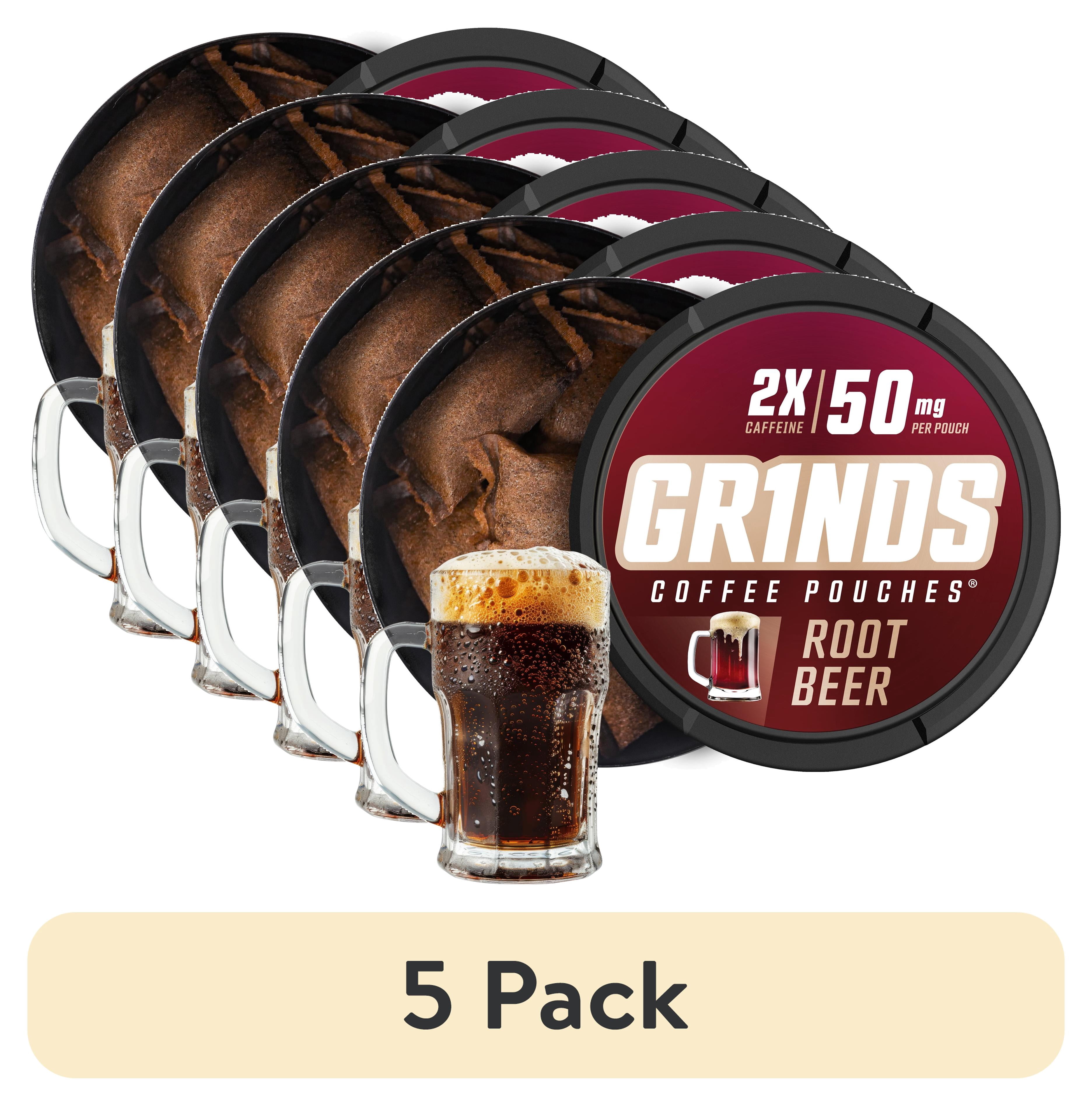 (5 pack) Grinds Coffee Pouches Root Beer Flavor, Tobacco/Nicotine Free, 50 mg Caffeine