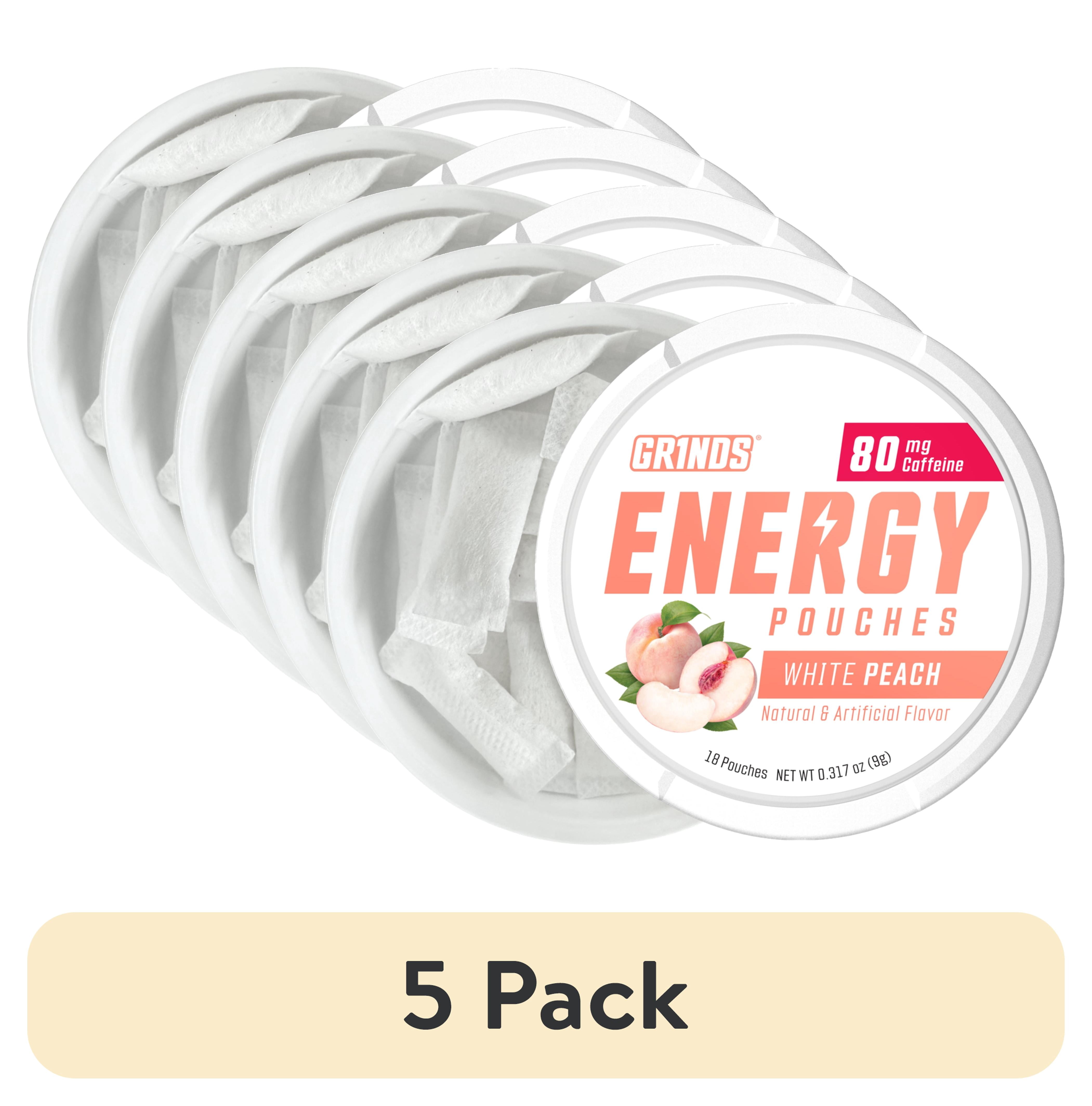 (5 pack) Grinds Energy Pouches, Nicotine-Free, 80mg Caffeine, White Peach, 18 Pouches (1 Can)