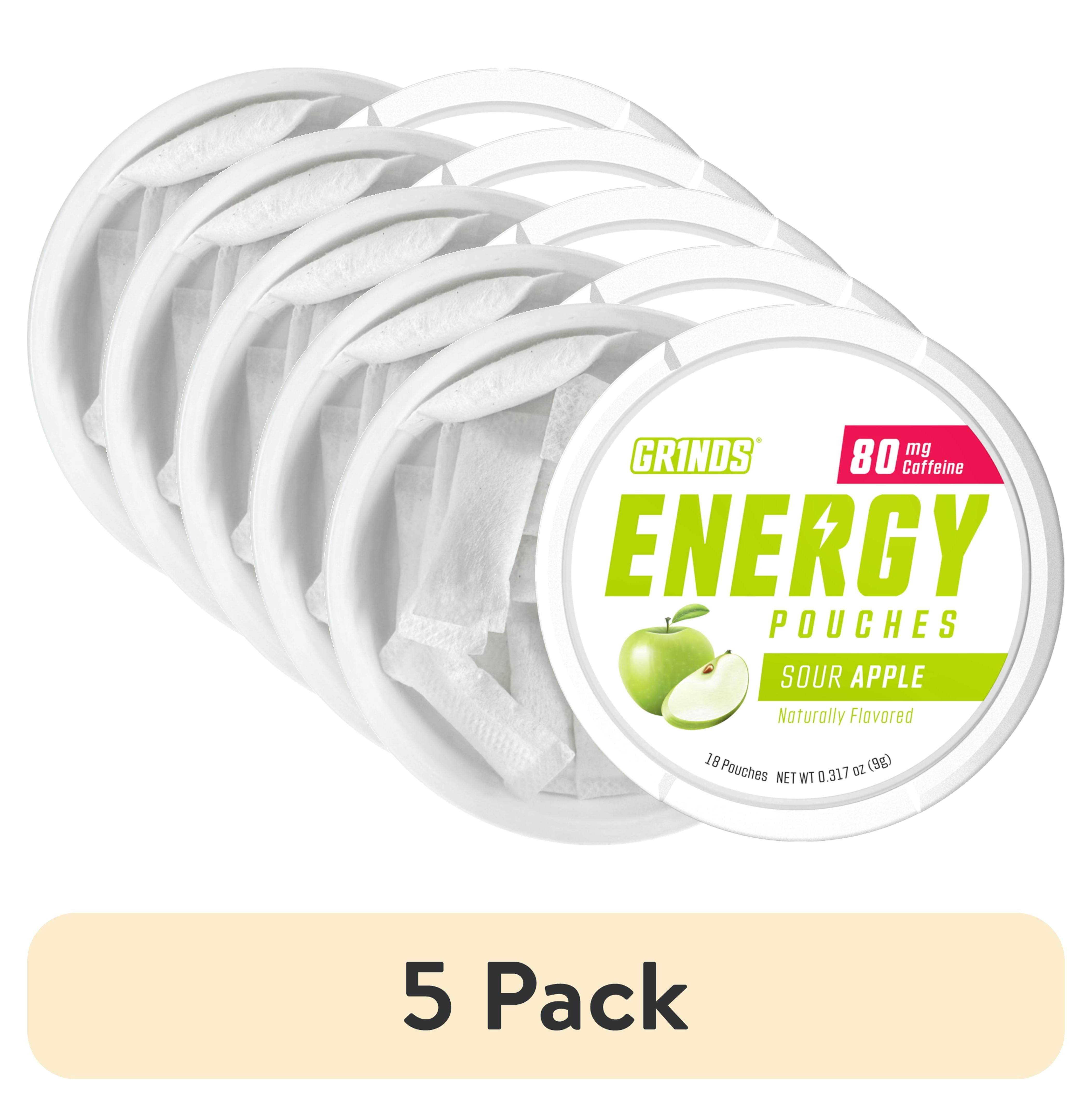 (5 pack) Grinds Energy Pouches, Sour Apple Flavor, Nicotine-Free, 80mg Caffeine, 18 Pouches per Can
