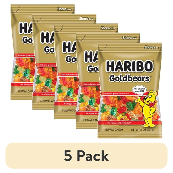 (5 pack) HARIBO Goldbears Gummy Bears Original Assorted Fruit Flavor Candy Gummies, 8 oz, Share Size Bag