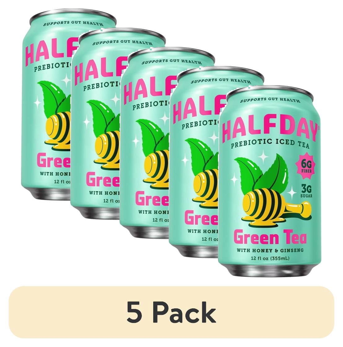 (5 pack) Halfday Prebiotic Green Iced Tea Drink with Honey & Ginseng, 6g Fiber, 12 fl oz Single Can