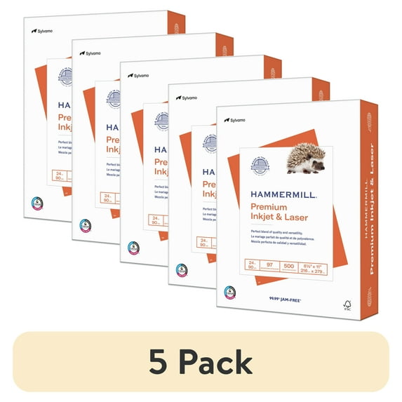 (5 pack) Hammermill Premium Printer Paper, 24lb, 8.5x11, White, 1 Ream (500 Sheets), New