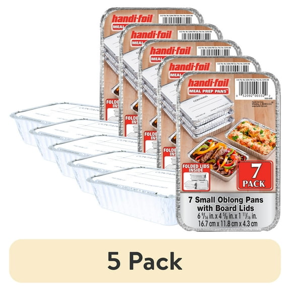 (5 pack) Handi-Foil Aluminum Meal Prep Pan with Folded Lids, 6.6" x 4.6", (7 Pack)