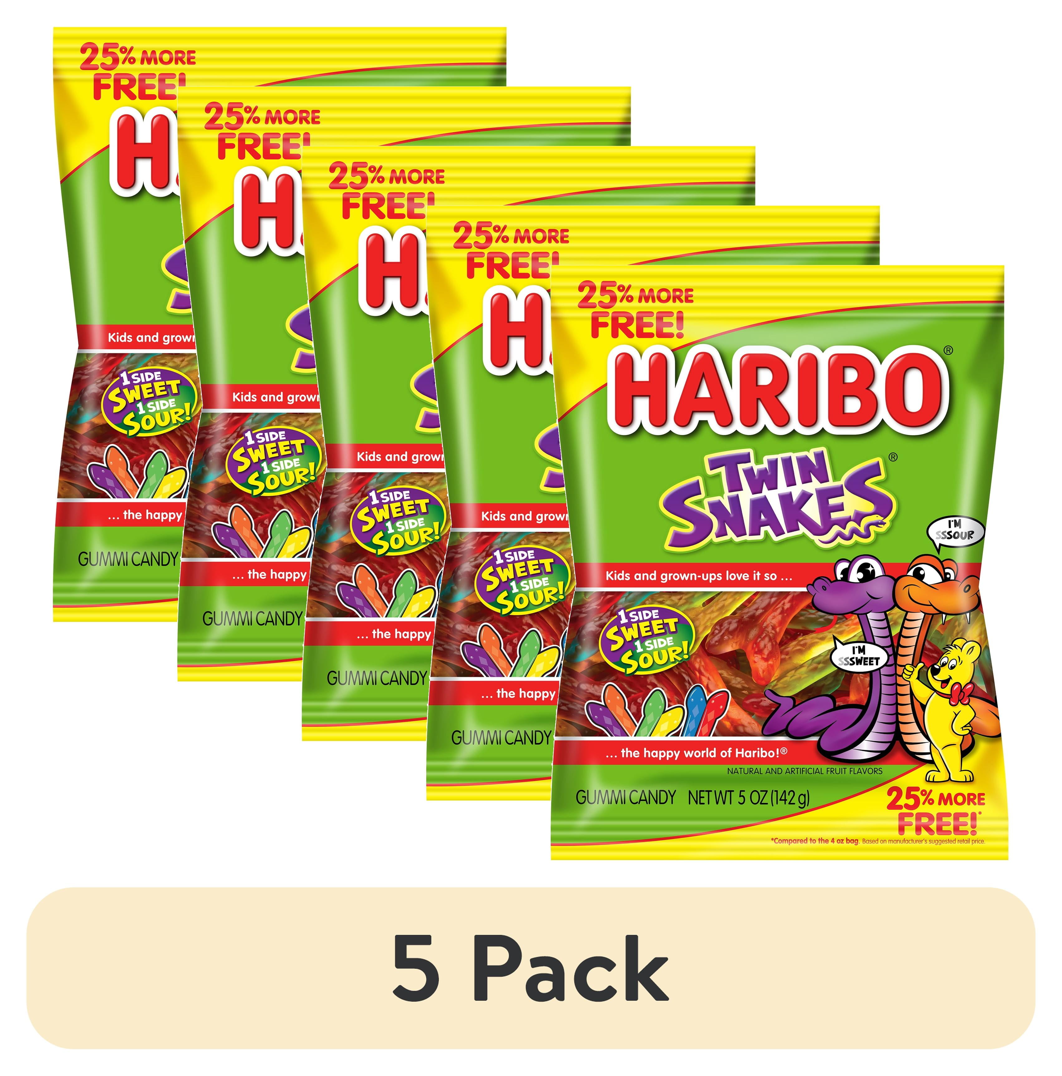 (5 pack) HARIBO Twin Snakes Gummies Original Assorted Fruit Flavor Gummy Candy +25% Bonus, 5oz, Share Size Peg Bag