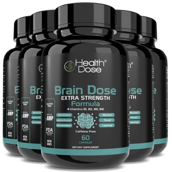 (5 pack) Health Dose Brain Dose Premium Nootropics - Mental Focus, Natural Energy & Vitamins - Caffeine-Free, 60-Count - For Men & Women.