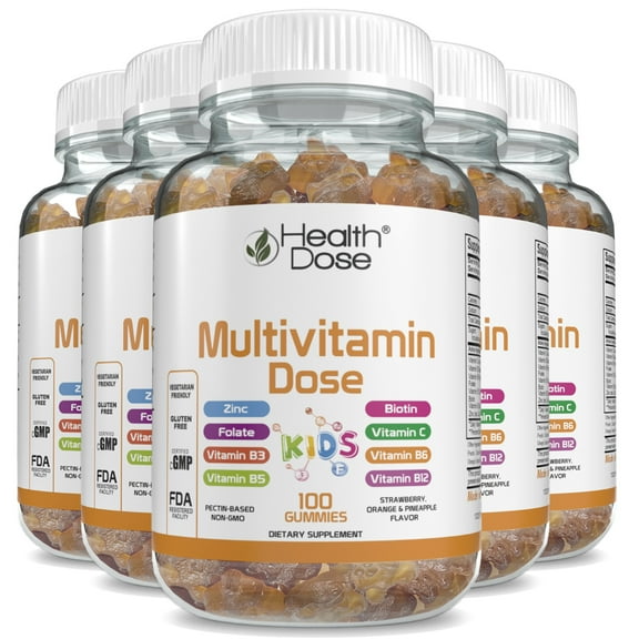 (5 pack) Health Dose Multivitamin Dose Children 100 Gummies, Vitamins A, B3, B5, B6, B12,   Gluten Free Vegetarian Friendly.