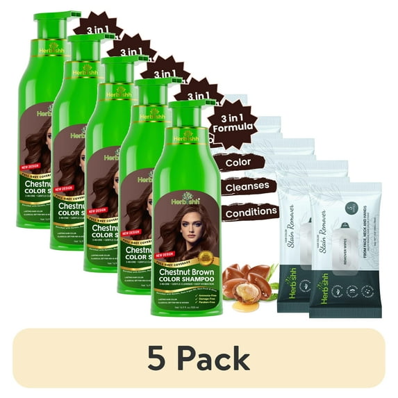 (5 pack) Herbishh Chestnut Brown Hair Color Shampoo for Gray Hair with Pack 2 Hair colour stain remover, Hair Dye Shampoo 3 in 1, 100% Gray Coverage, Permanent Hair Color for Men & Women, Ammonia-free, 500 ml