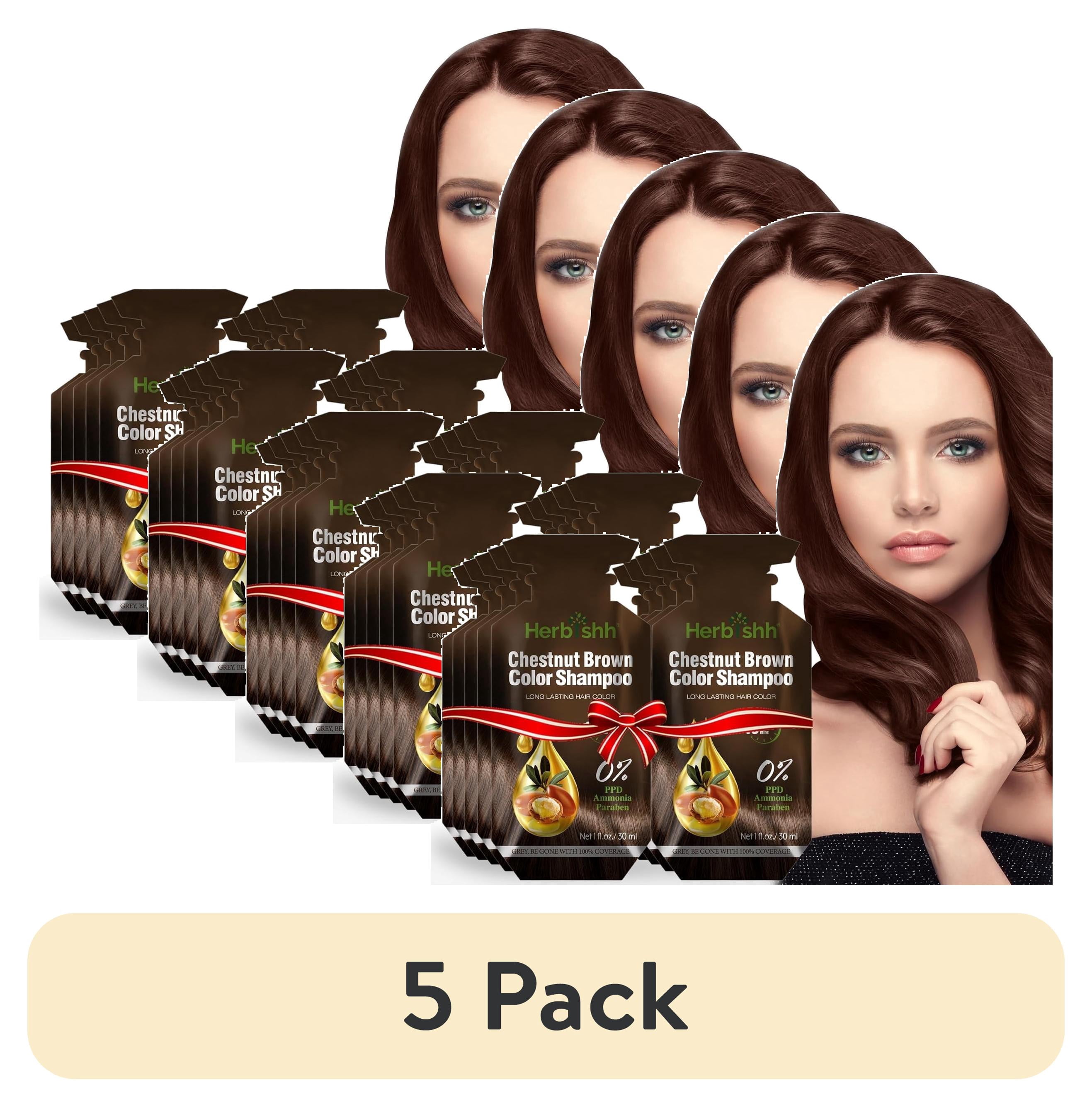 (5 pack) Herbishh Chestnut Brown PPD-Free Shampoo for Gray Hair, Travel-friendly Hair Dye Shampoo 3 in 1, 100% Gray Coverage, Permanent Hair Color for Men & Women, Ammonia-free, 30 ml