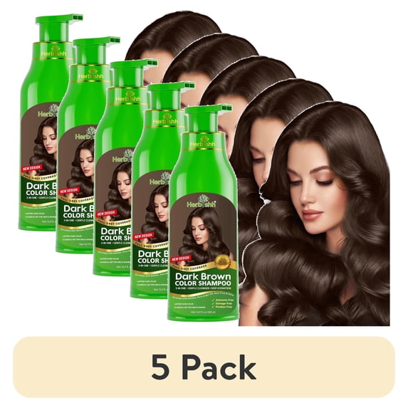 (5 pack) Herbishh Dark Brown Hair Color Shampoo for Gray Hair, Hair Dye Shampoo 3 in 1, 100% Gray Coverage, Easy Application Shampoo Para Canas, Permanent Hair Color for Men & Women, Ammonia-free, 500 ml