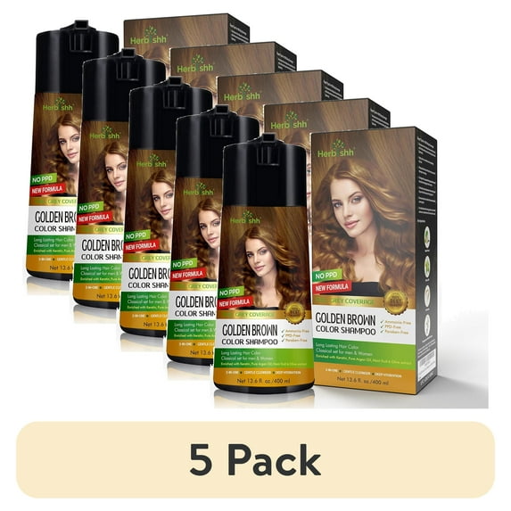 (5 pack) Herbishh Golden Brown PPD-Free Hair Color Shampoo for Gray Hair, Hair Dye Shampoo 3 in 1, 100% Gray Coverage, Permanent Hair Color for Men & Women, Ammonia-free, 400 ml
