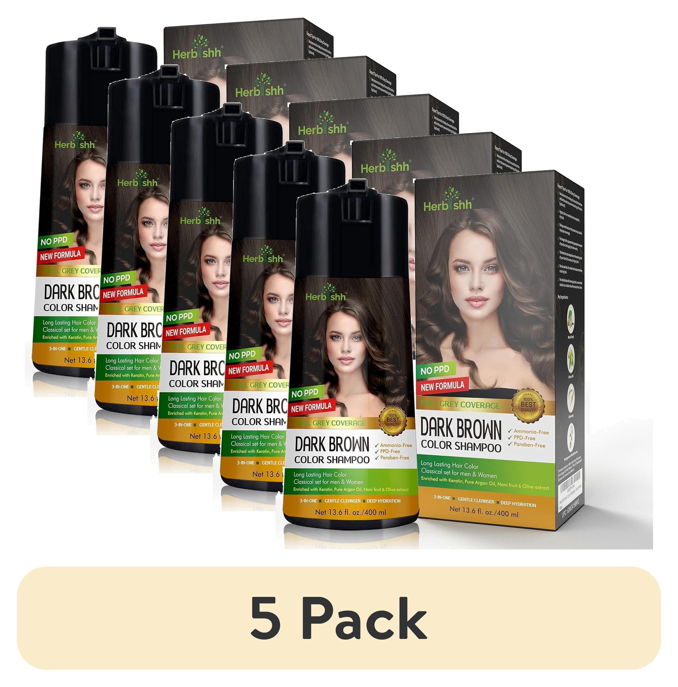(5 pack) Herbishh Dark Brown PPD-Free Hair Color Shampoo for Gray Hair, Hair Dye Shampoo 3 in 1, 100% Gray Coverage, Permanent Hair Color for Men & Women, Ammonia-free, 400 ml