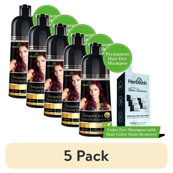 (5 pack) Herbishh Hair Color Shampoo For Gray Hair – Burgundy Hair Dye Shampoo 3 In 1 | Ammonia-Free 500ml + Color Stain Remover | Hair Color Shampoo For Men & Women