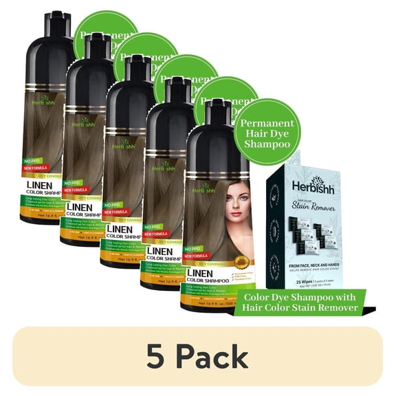(5 pack) Herbishh Hair Color Shampoo For Gray Hair – Linen Hair Dye Shampoo 3 In 1 | Ammonia-Free 500ml + Color Stain Remover | Hair Color Shampoo For Men & Women