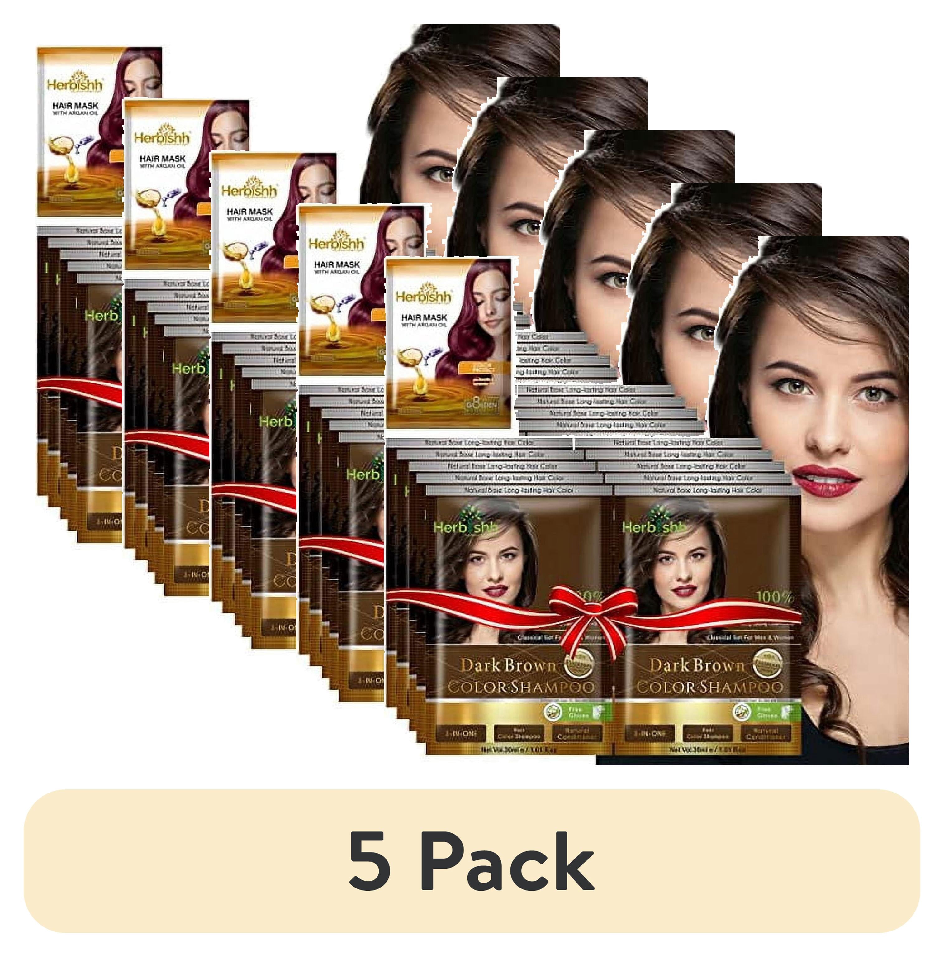 (5 pack) Herbishh Hair Color Shampoo for Grey Hair – Hair Dye Shampoo with Bio-Active Ingredients – Long Lasting Color – Travel-Friendly Pack (10 x 30ml Sachets) + 1 Pack Hair Mask Sachets (Dark Brown)