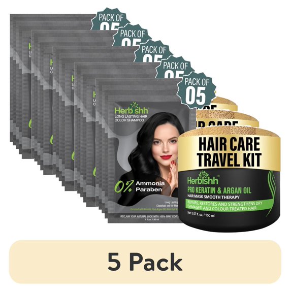 (5 pack) Herbishh Hair Dye Shampoo Black Color 3-in-1 Travel Pack (30ml x5) + Keratin Argan Oil Hair Mask for Dry, Damaged & Color Treated Hair, 150ml, Long Lasting Hair Color, For Women & Men