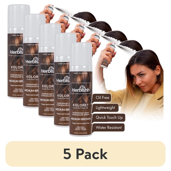 (5 pack) Herbishh Koloret Quick Root Touch Up Hair Color Spray Medium Brown (74.5g), Instant Gray & Medium Brown Root Cover Up, Temporary Hair Color Spray, Lightweight Non-Sticky Dye Mist, Travel Aerosol